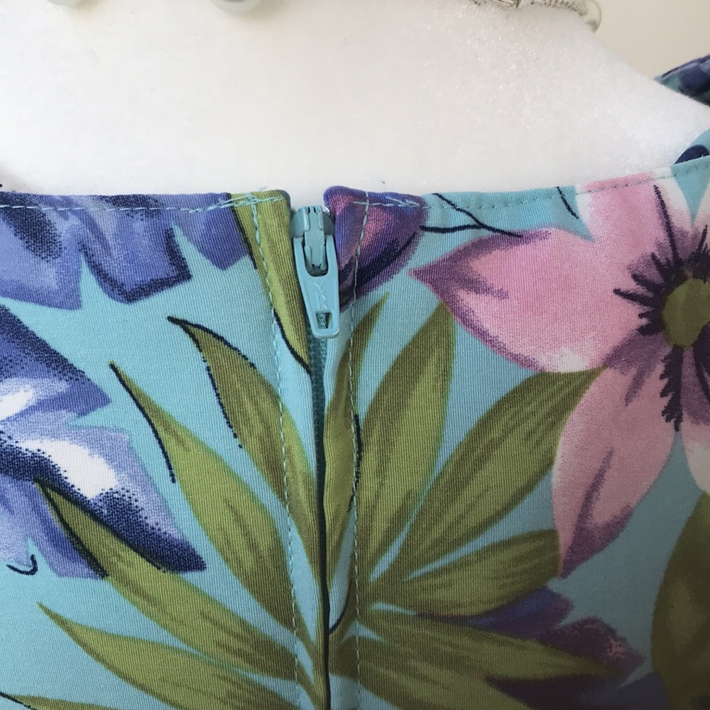 Vintage 80s 90s Tropical Pink and Blue Floral Midi Dress - Picture 3 of 6